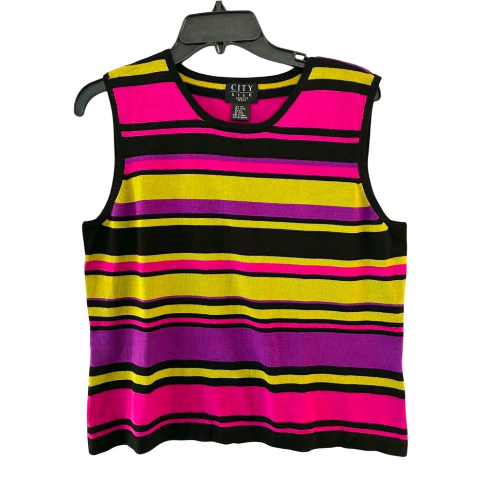 City Silk Striped Tank Top Womens P/L Pink Yellow Knit Sleeveless Preppy Coastal
